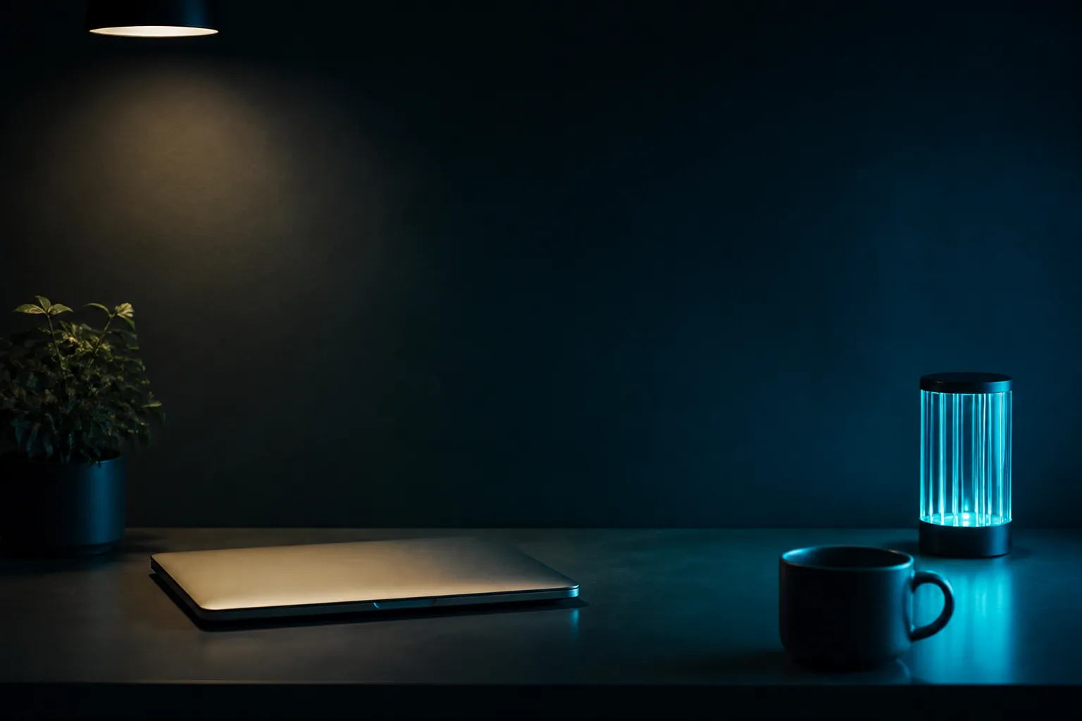 Escritorio de estudio con laptop y lámpara turquesa en un cuarto oscuro