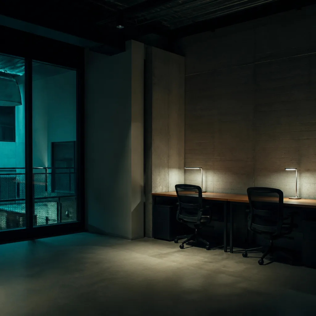 Espacio de coworking oscuro con luz turquesa