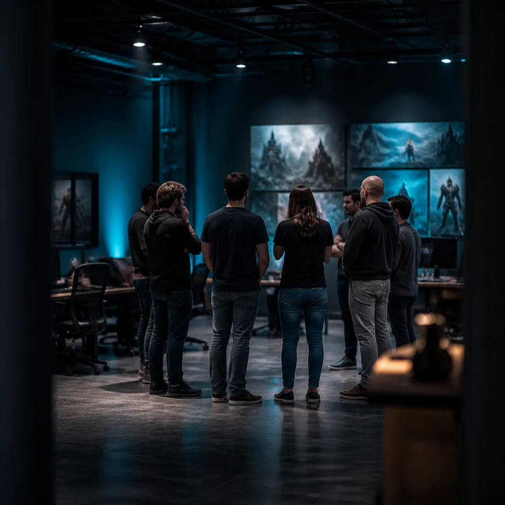 Equipo indie en una reunión de pie bajo luz turquesa