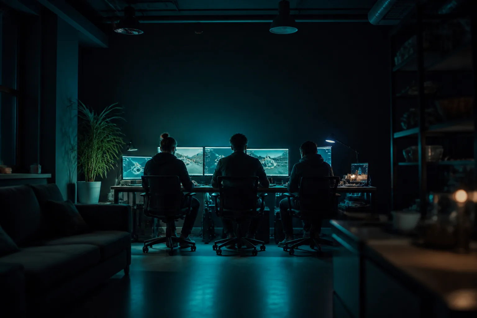 Equipo indie trabajando junto en un estudio oscuro con luz turquesa